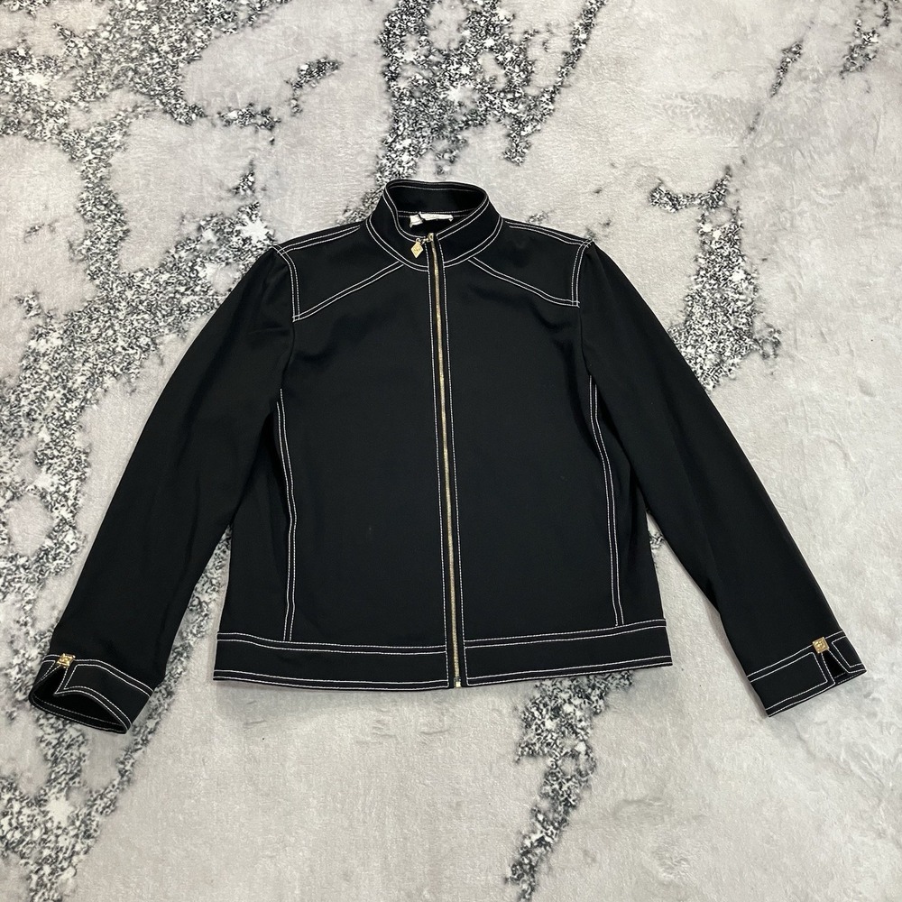 St John Sport by Marie Gray Jacket Black Zip Front Contrast Stitch Womens Small